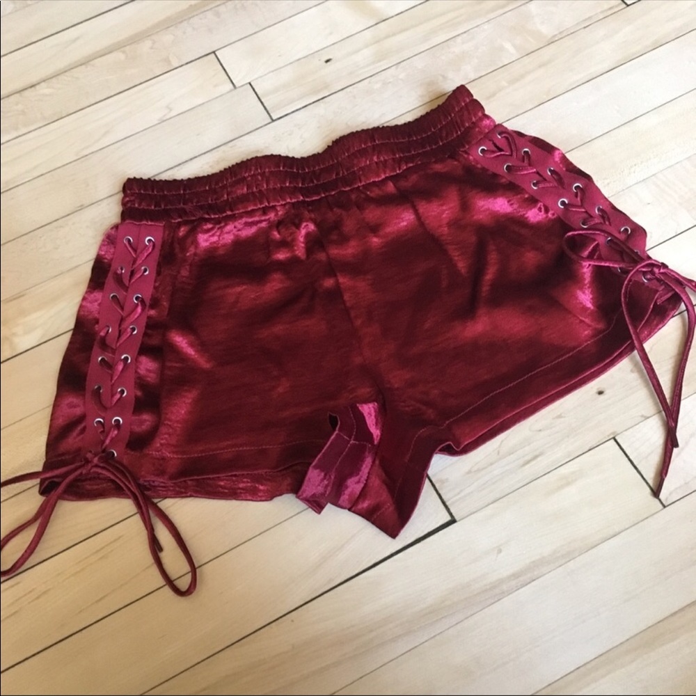 silk maroon lace up shorts 🍷